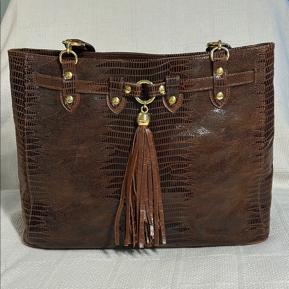 Due Fratelli Brown Crocodile-Embossed Tote Bag